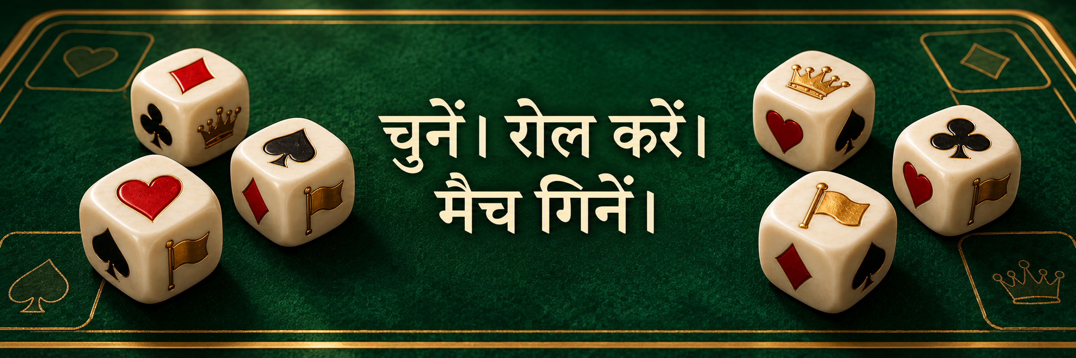 हरे बोर्ड पर छह symbol dice और निर्देश: चुनें, रोल करें, मैच गिनें।
