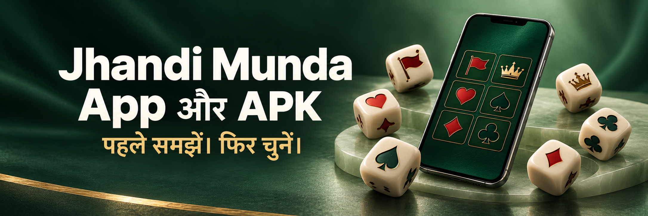 Jhandi Munda App और APK का अवधारणात्मक चित्र: mobile screen, छह symbol dice और संदेश—पहले समझें, फिर चुनें।