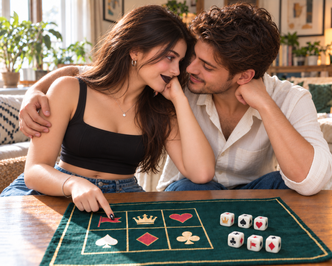 टेबल पर symbol dice के साथ खेलता हुआ एक युवा वयस्क जोड़ा